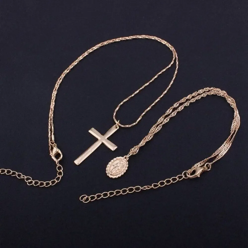 Miraculous Medal Religious Cross Gold Alloy Necklace Set - 2 Piece - Picture 8 of 8